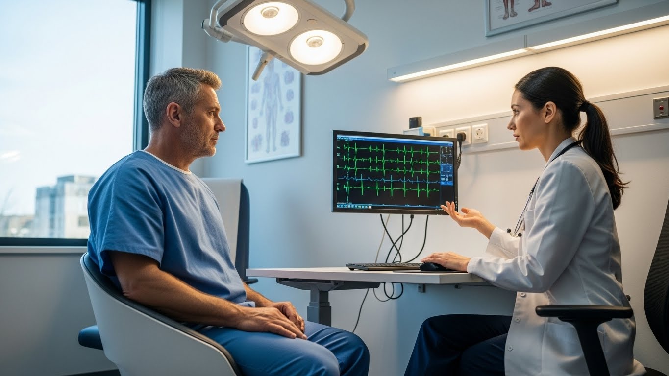 환자가-진료실에-앉아-있고-의사가-심전도-모니터를-확인하고-있습니다.