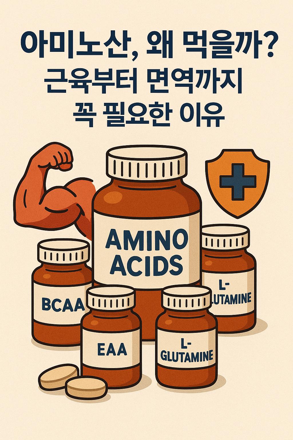 근육보충제로서만이 아닌 면역력증가제로서의 아미노산을 나타내는 이미지 만화체 그림