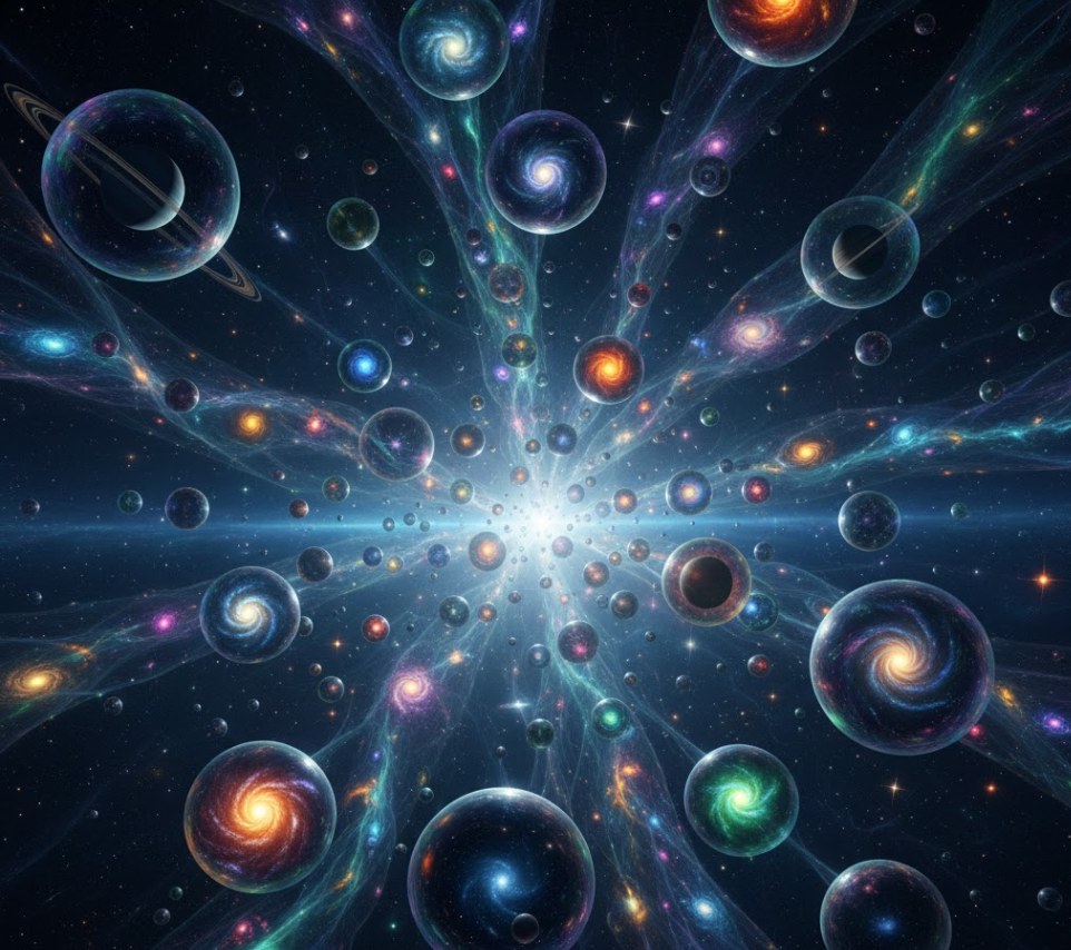 무수히 많은 은하와 행성들이 각각의 거품 속에 담겨 시공간의 줄기로 연결되어 있는 평행우주와 다중우주의 추상적인 시각화 일러스트
