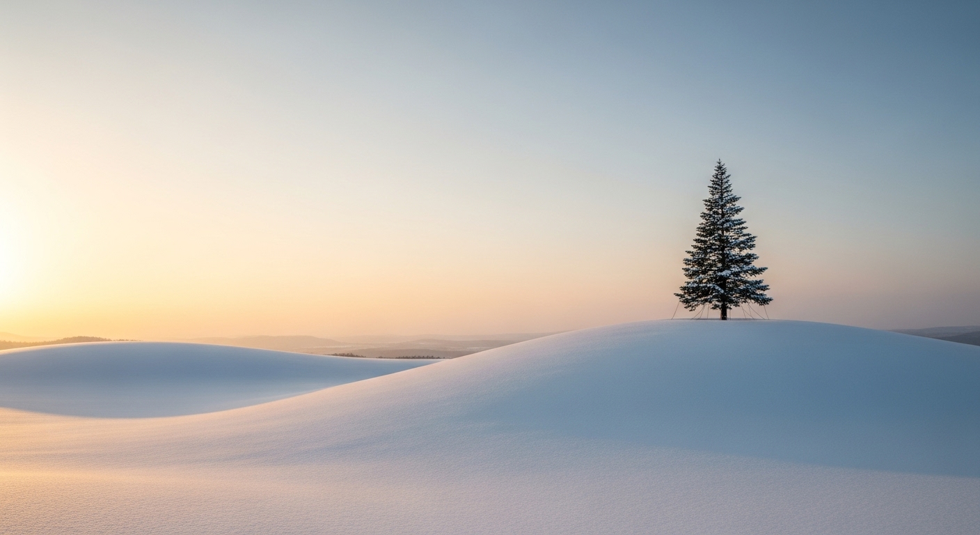 2025년 겨울 홋카이도 비에이의 설경. 눈 덮인 언덕 위에 홀로 서 있는 크리스마스 트리가 일출 또는 일몰의 부드러운 빛을 받고 있는 평화로운 풍경.