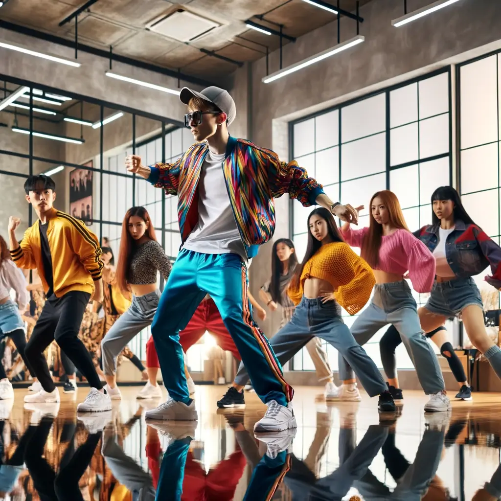 K-Pop 댄스 아카데미 내부의 역동적인 현장을 묘사한 이미지입니다.
