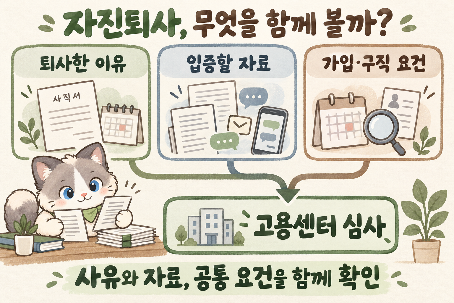 퇴사한 이유, 입증할 자료, 가입·구직 요건의 세 항목이 하나로 합쳐져 고용센터 심사로 이어진다. 코미는 두 문서를 대조해 증빙을 정리한다.