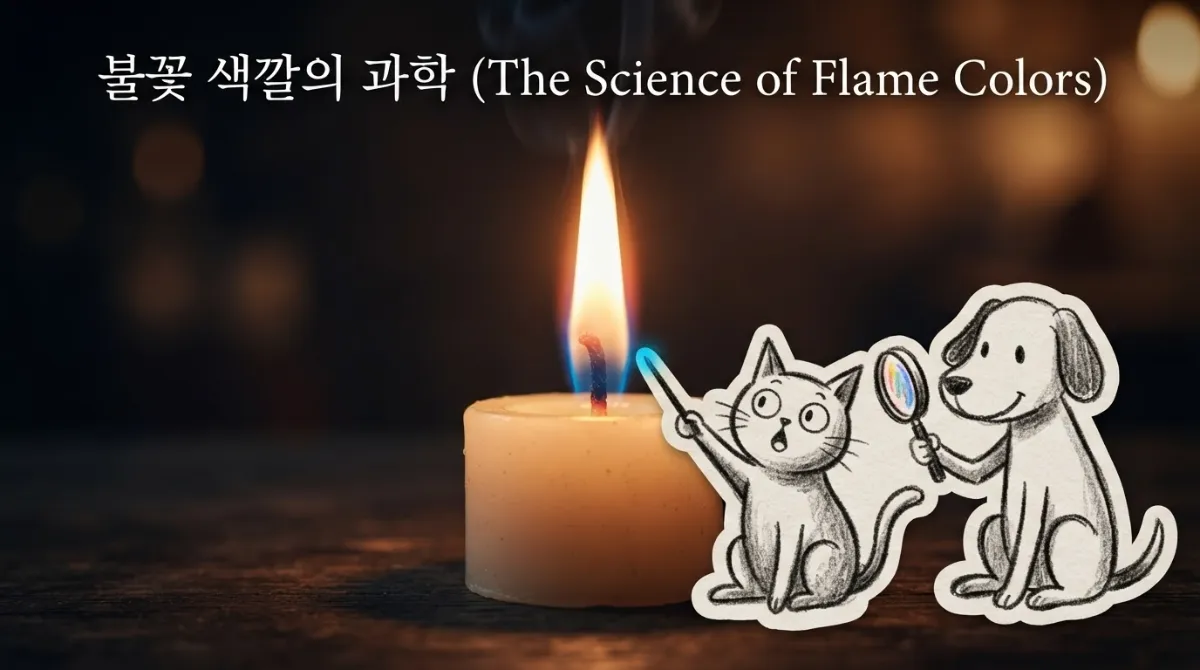 빨간색, 노란색, 파란색으로 타오르는 불꽃의 온도 차이와 과학적 원리를 시각화한 그래픽