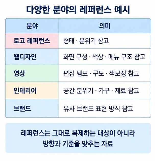 디자인에서 로고 웹 영상 인테리어 브랜드 레퍼런스를 참고 사례로 사용하는 모습을 보여주는 이미지