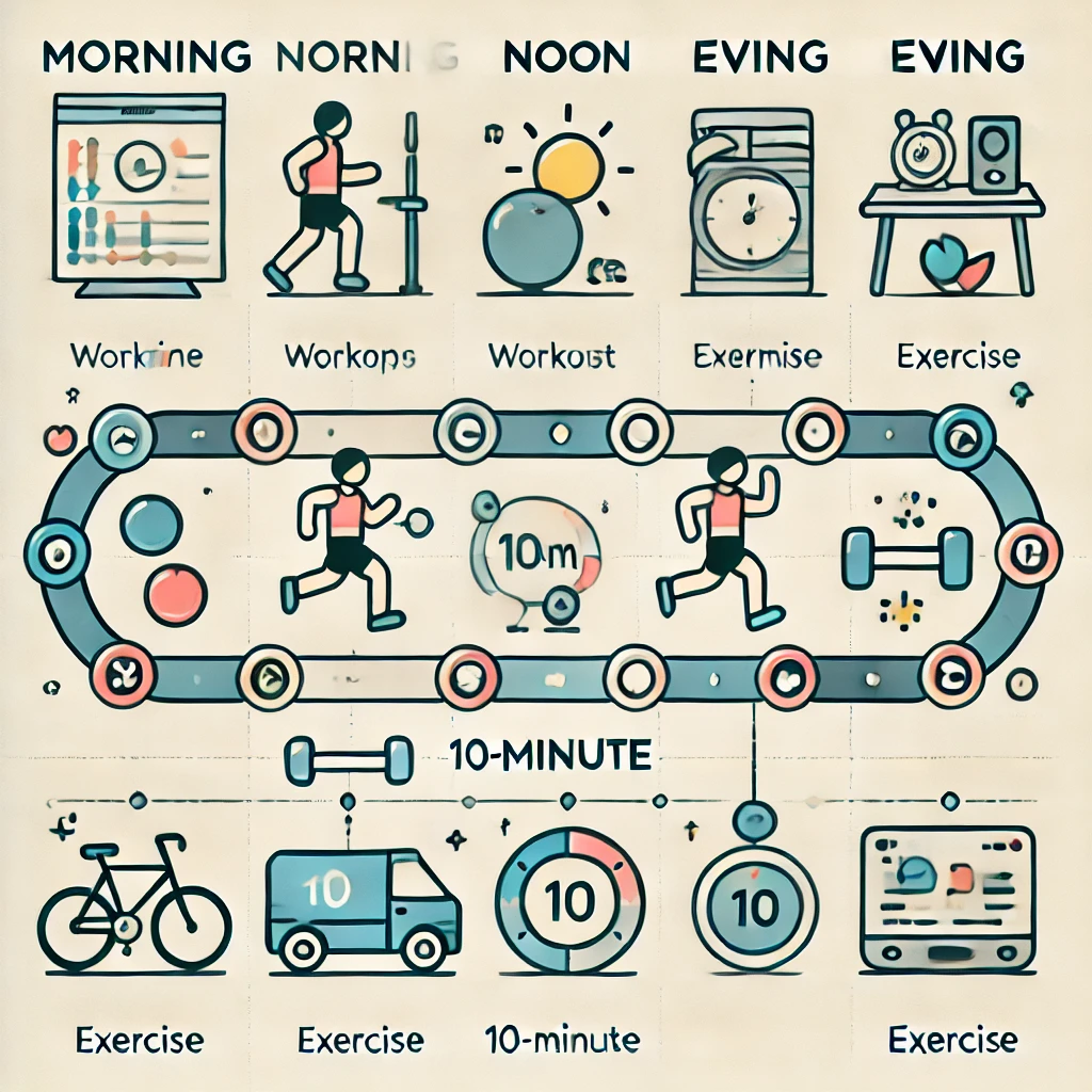 하루 일과 중 아침, 점심, 저녁 10분 운동을 표현한 타임라인 인포그래픽