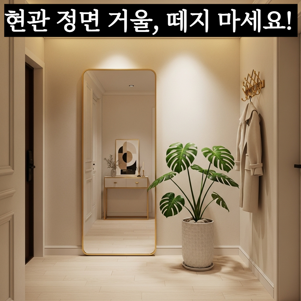 현관 정면 거울의 나쁜 기운을 막기 위해 식물과 조명을 활용한 풍수 인테리어 예시