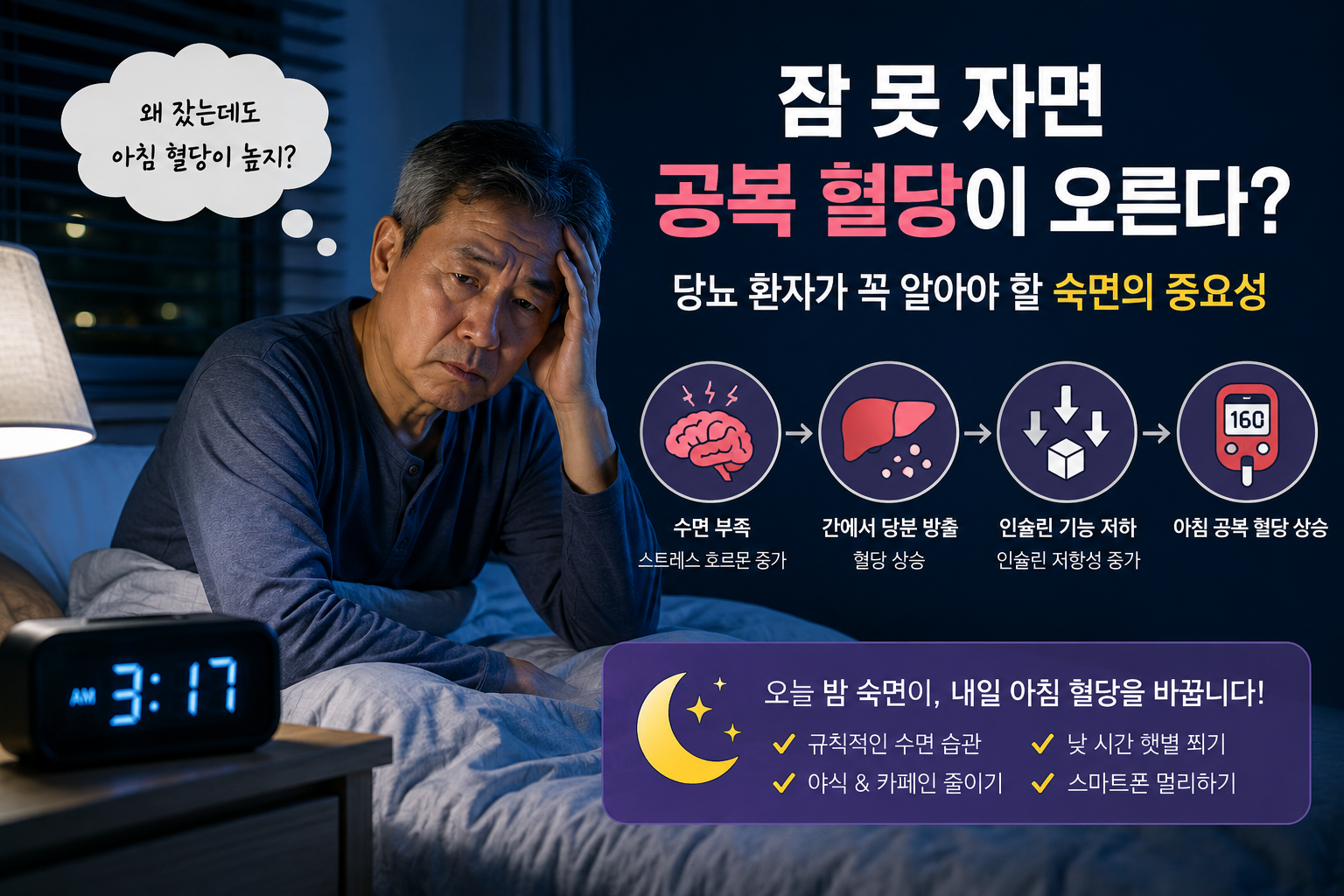 잠 부족으로 공복 혈당이 상승하는 원인과 숙면의 중요성을 설명하는 인포그래픽