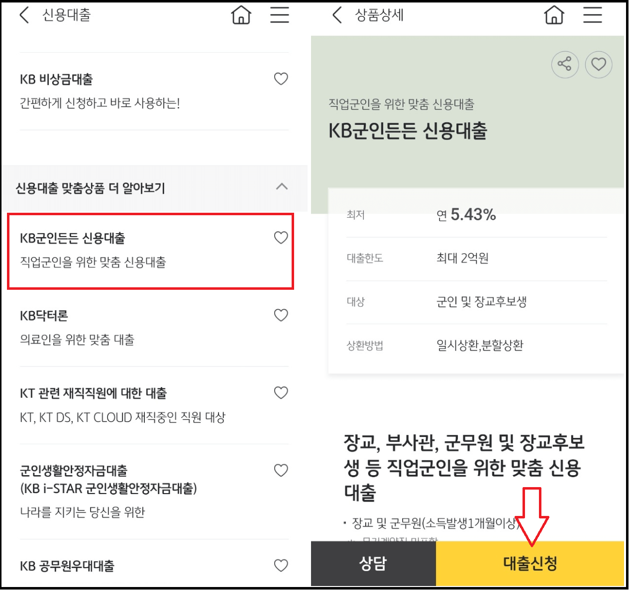 직업군인 전용 대출 - KB군인든든 신용대출