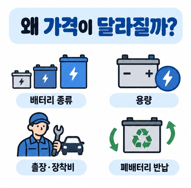 배터리 종류와 용량, 출장비, 폐배터리 반납 여부가 가격에 영향을 주는 모습을 정리한 카드