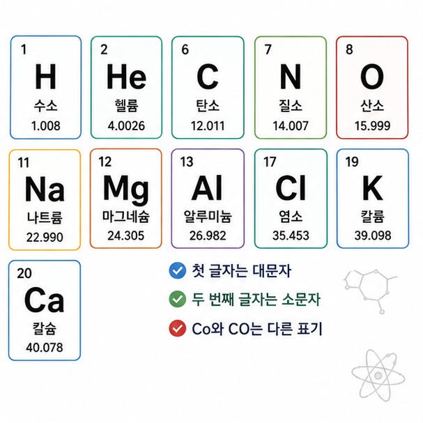 H와 He처럼 원소기호의 첫 글자는 대문자로 쓰고 두 번째 글자가 있으면 소문자로 써야 하며 대소문자에 따라 의미가 달라질 수 있음을 보여 주는 그림