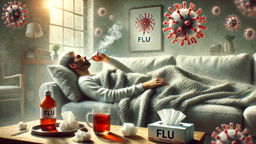 독감으로 인해 아파하는 사람이 그려진 그림