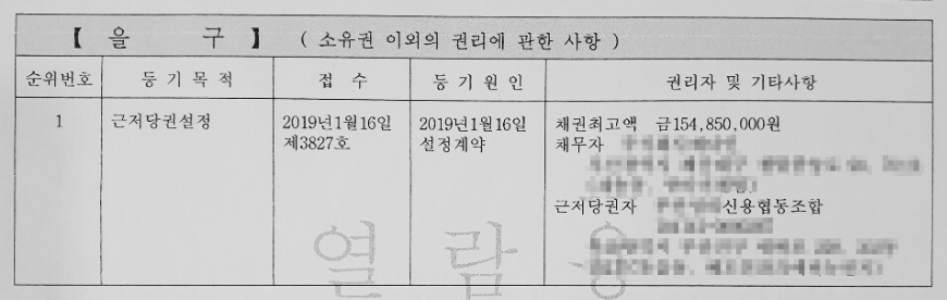 등기부등본 을구 - 근저당권 설정