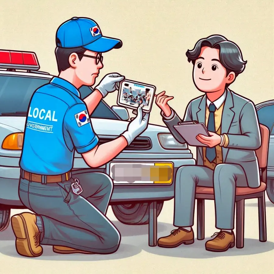 자동차 번호판을 교체하고 있는 사람과 구경하는 사람