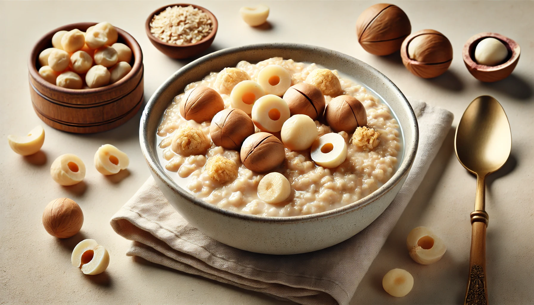 위 이미지는 오트밀과 마카다미아의 조합을 가로로 보여줍니다. 부드러운 오트밀 위에 전체와 잘게 다진 마카다미아 너트가 올려져 있어, 텍스처와 풍미를 더해줍니다. 이 조합은 아침 식사나 간식으로 이상적이며, 영양가가 높은 건강식을 제공합니다.
