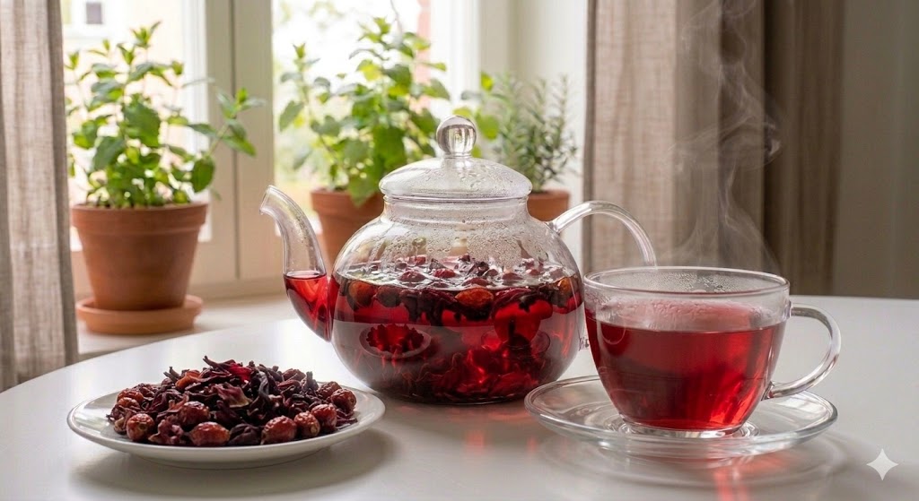 비타민 C와 안토시아닌 시너지를 통해 피부 멜라닌 생성을 억제하고 콜라겐 생성을 돕는 히비스커스 로즈힙 미백 블랜딩