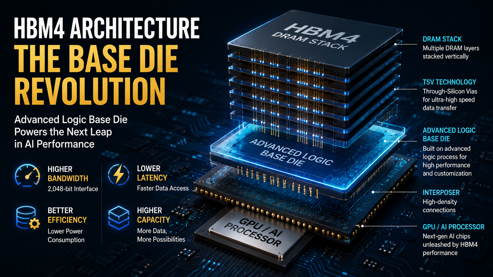 HBM4 architecture with stacked DRAM, TSV connections, and advanced logic base die.