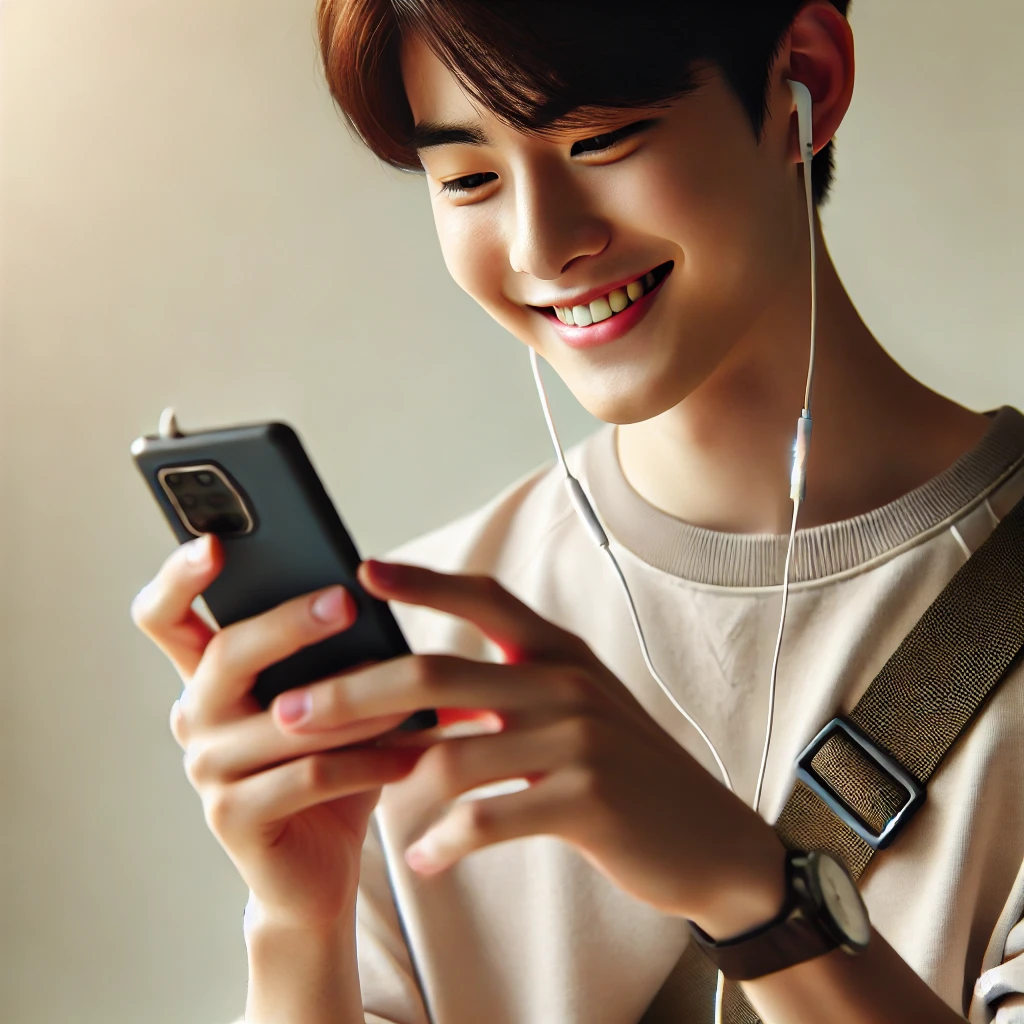 이어폰을 낀 20대 한국 남성이 환급 알림을 확인하는 모습