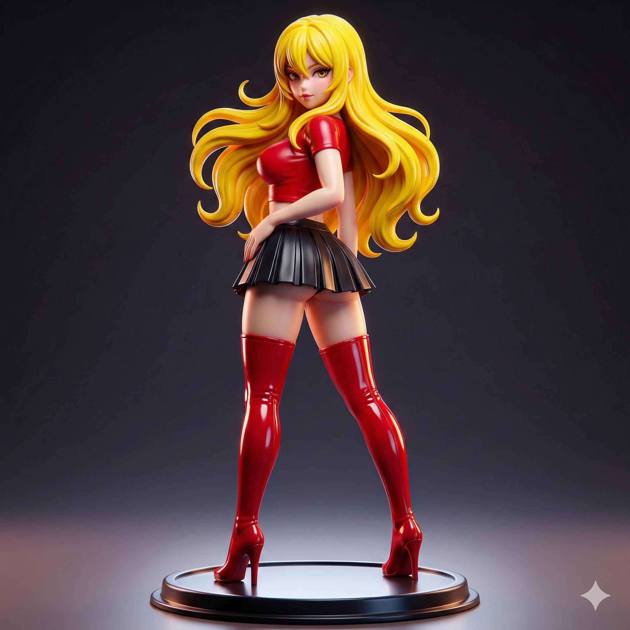 금발 머리의 3D 스타일 여성 캐릭터 피규어가 빨간 의상과 하이힐을 신고 원형 받침대 위에 서 있는 모습