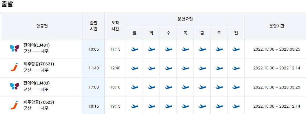 군산공항 제주도시간표