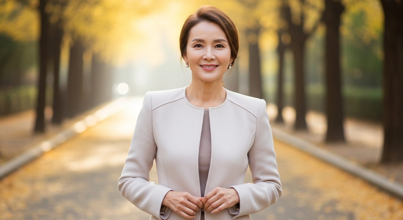 핏 좋은 자켓을 입고 멋스럽게 서 있는 여성