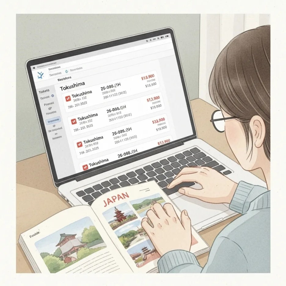 노트북으로 도쿠시마 항공권 검색하는 모습