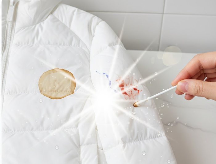 하얀 패딩 위의 얼룩을 면봉을 사용해서 제거하는 모습