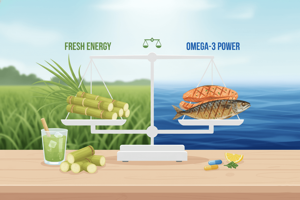 사탕수수와 등푸른 생선이 저울 양쪽에 놓여 서로 다른 혈행 관리 성분을 상징적으로 보여주는 장면