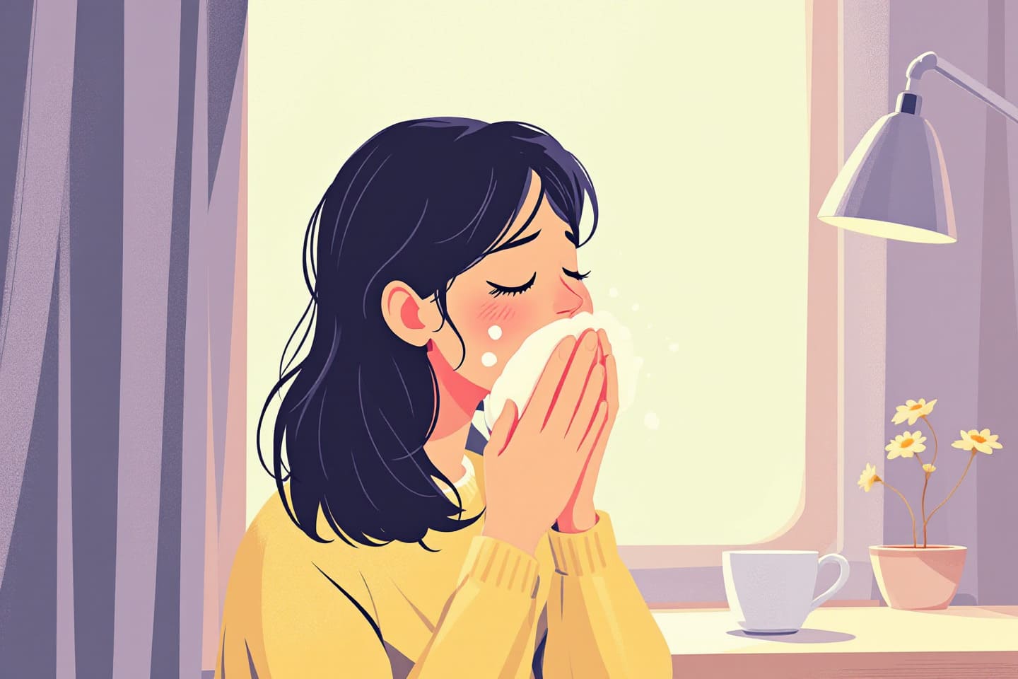 숨이차고 기침을 하는 여성