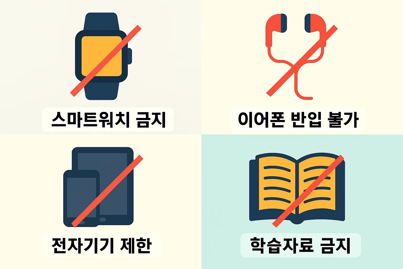 스마트워치, 이어폰, 전자기기, 학습자료 등 공인중개사 시험장 반입 금지 품목을 시각적으로 정리한 안내 이미지