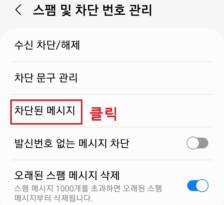차단된 메시지 메뉴 클릭함