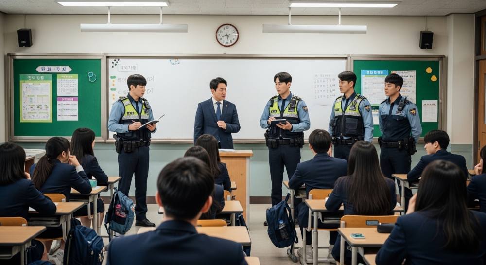 고등학교에 경찰 출동한 사진