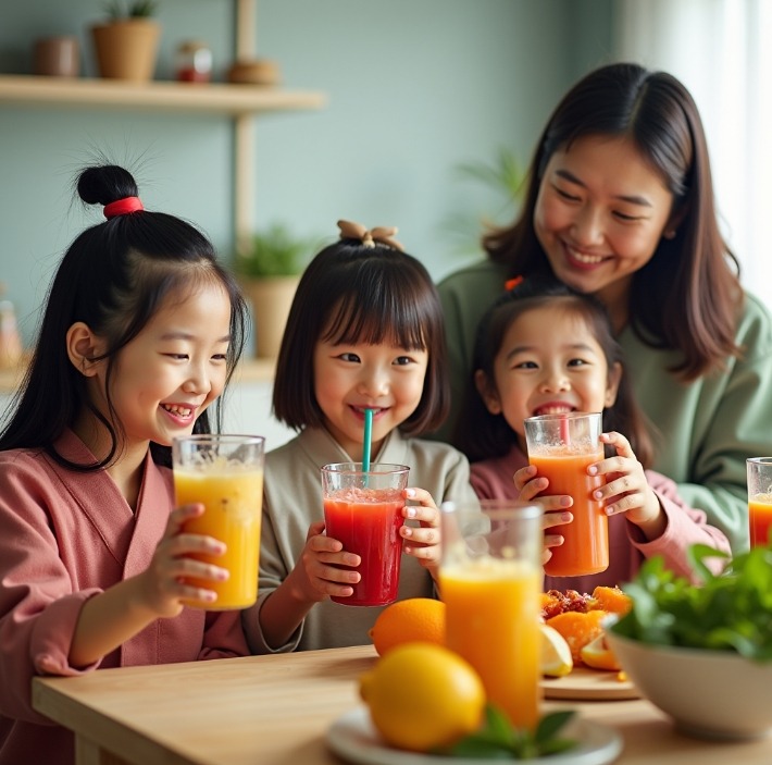 디톡스 주스 마시는 가족 이미지