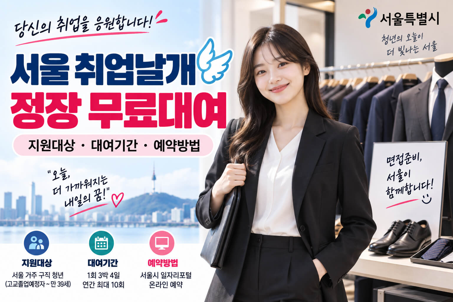 서울 취업날개 면접정장 무료대여와 지원대상&middot;대여기간&middot;예약방법을 안내하는 이미지