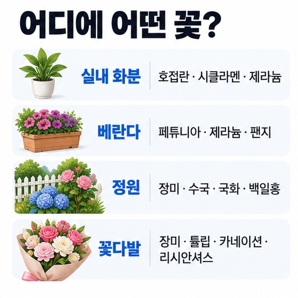 실내 화분 베란다 정원 꽃다발에 어울리는 꽃 종류를 간단히 구분한 이미지