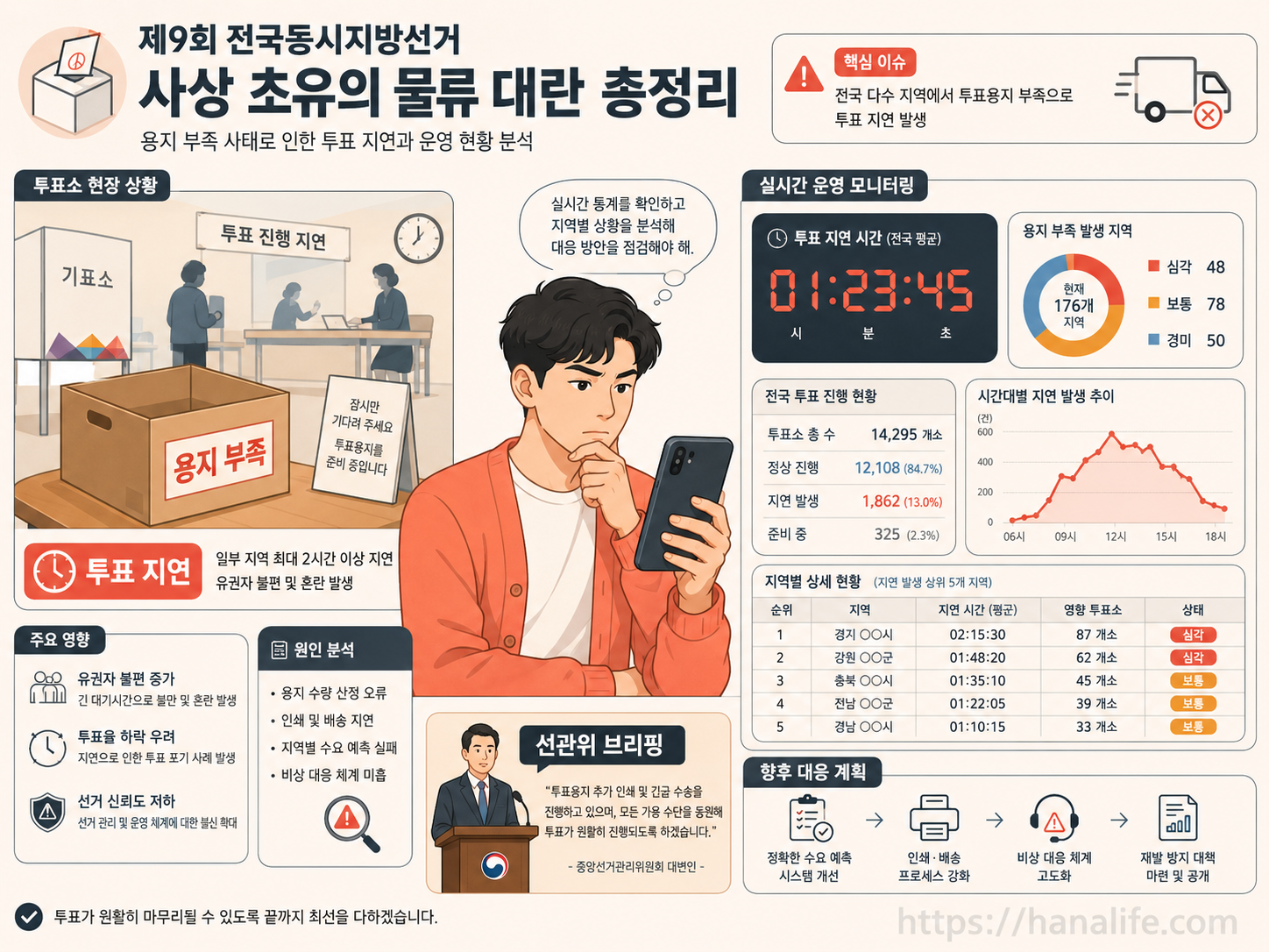 6·3 지방선거 투표용지 소진으로 대기줄이 길게 늘어선 현장 상황 요약 인포그래픽