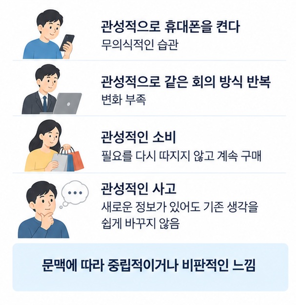 휴대폰 사용 회의 방식 소비 사고방식에서 관성적으로 행동하는 사례를 보여주는 인포그래픽