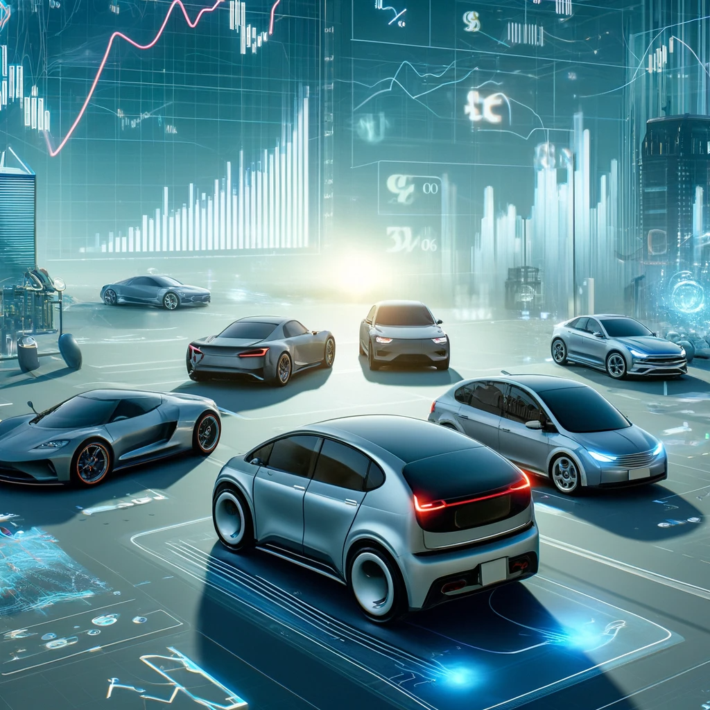 미래 도시에서 다양한 디자인의 전기차들이 주차되어 있고, 배경에 전기차 가격 변동을 나타내는 차트와 그래프가 떠 있는 모습.