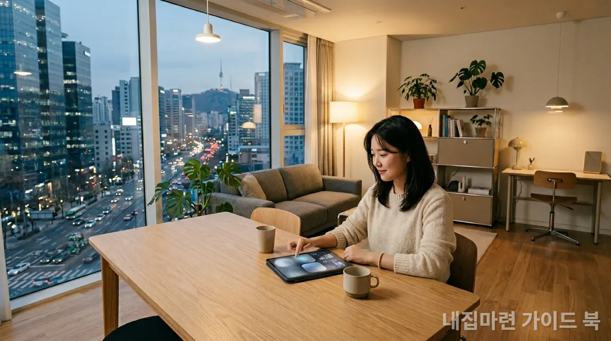 태블릿으로 구독형 주거 서비스를 이용하는 젊은 한국인 전문직 종사자