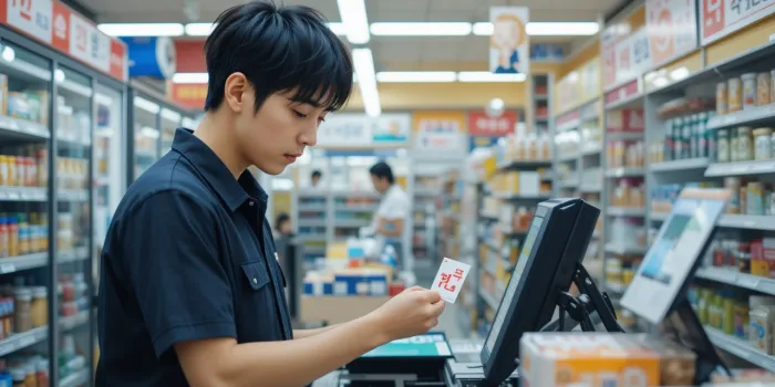 민생회복 지원금 스티커를 계산대에 부착하는 매장 점주