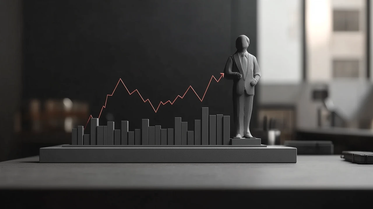 미국 S&P500 TR ETF의 성장세를 시각화한 그래프, 점진적인 발전과 성취를 나타내는 요소들이 디지털 환경에서 강조된다.