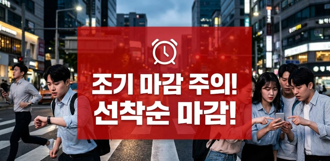 '조기 마감' 주의 문구와 함께 서두르는 청년들의 모습
