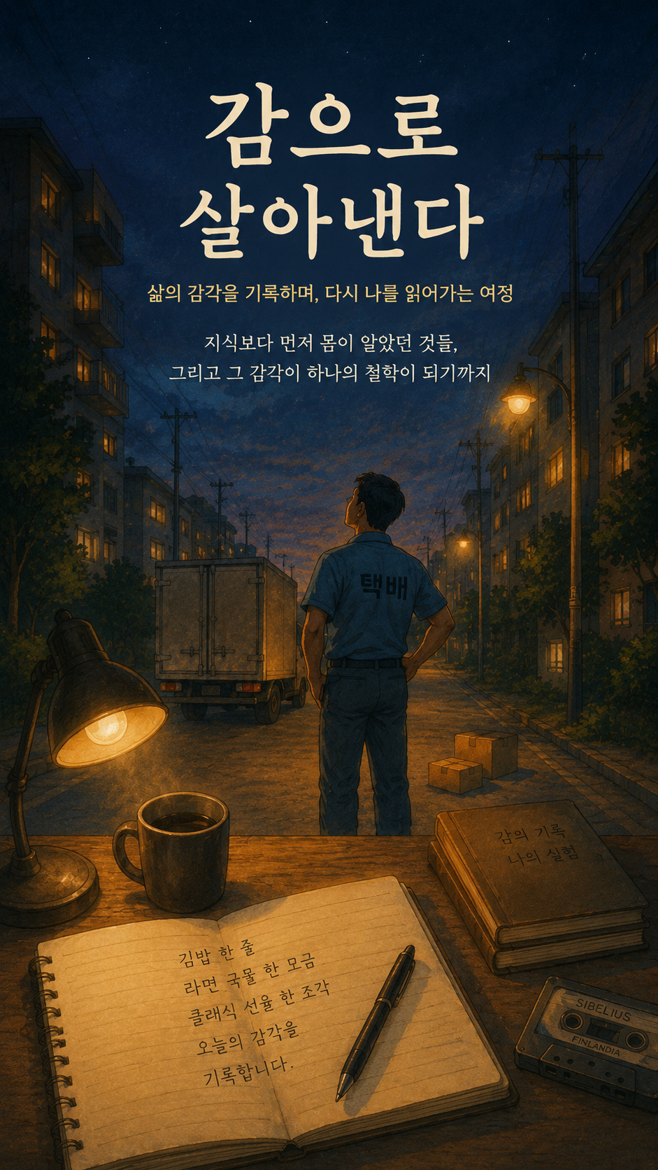 A delivery worker stands quietly beneath a deep blue evening sky, surrounded by warm apartment lights, handwritten notes, coffee, and memories&mdash;an introspective illustration about intuition, memory, and living through feeling.