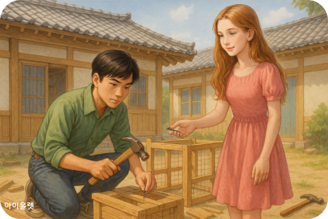 연오가 닭장을 만드는데 비키가 못을 집어 주는 장면