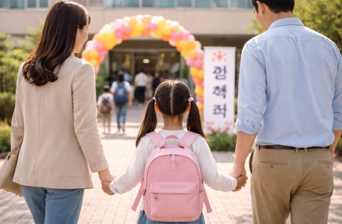 2026년 초등학교 입학식 날 부모와 아이가 함께 학교에 들어가는 모습