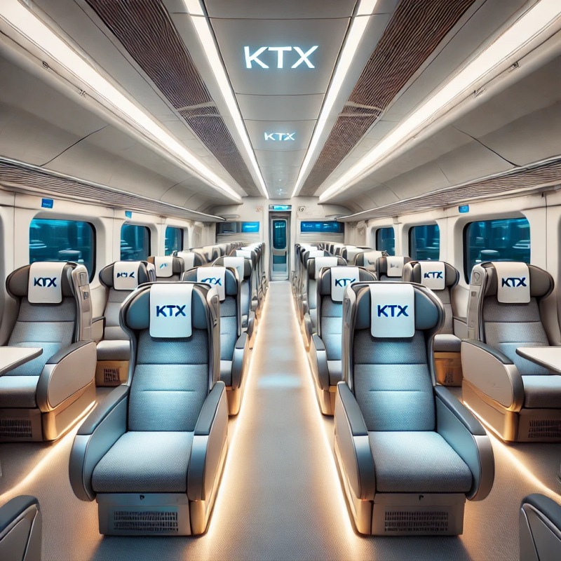 KTX 열차 내부, 넓은 좌석과 청결하고 현대적인 디자인이 돋보이는 모습