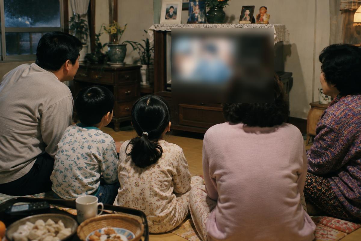 부모와 두 아이가 나란히 앉아 한 대의 브라운관 TV를 바라보는 뒷모습