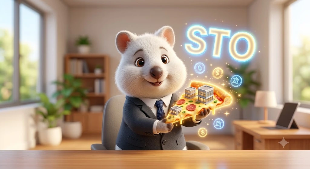 100억 원대 건물 지분을 피자 조각처럼 나누어 소유하는 토큰증권 STO와 부동산 조각투자 뜻을 쉽게 비유하여 설명하는 백쿼카. 5천 원 소액 투자로 건물주가 되는 개념 시각화