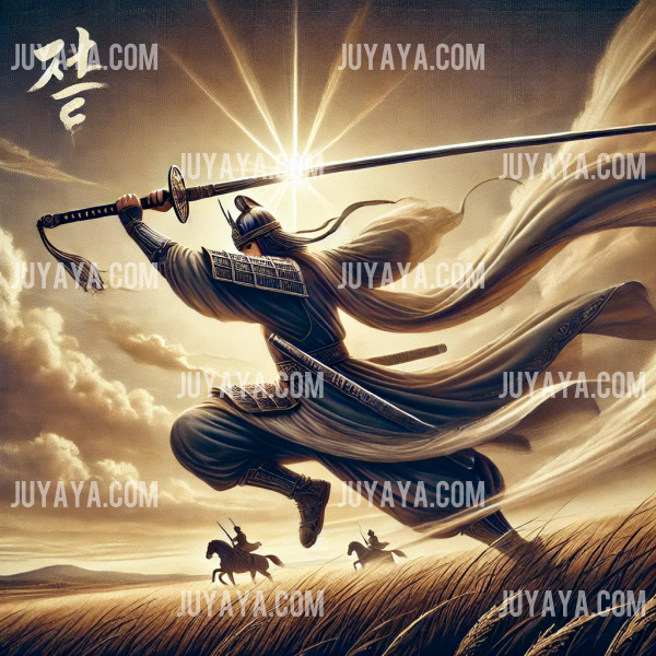 고대 전장에서 전투 중인 무사가 거궐을 휘두르는 역동적인 장면