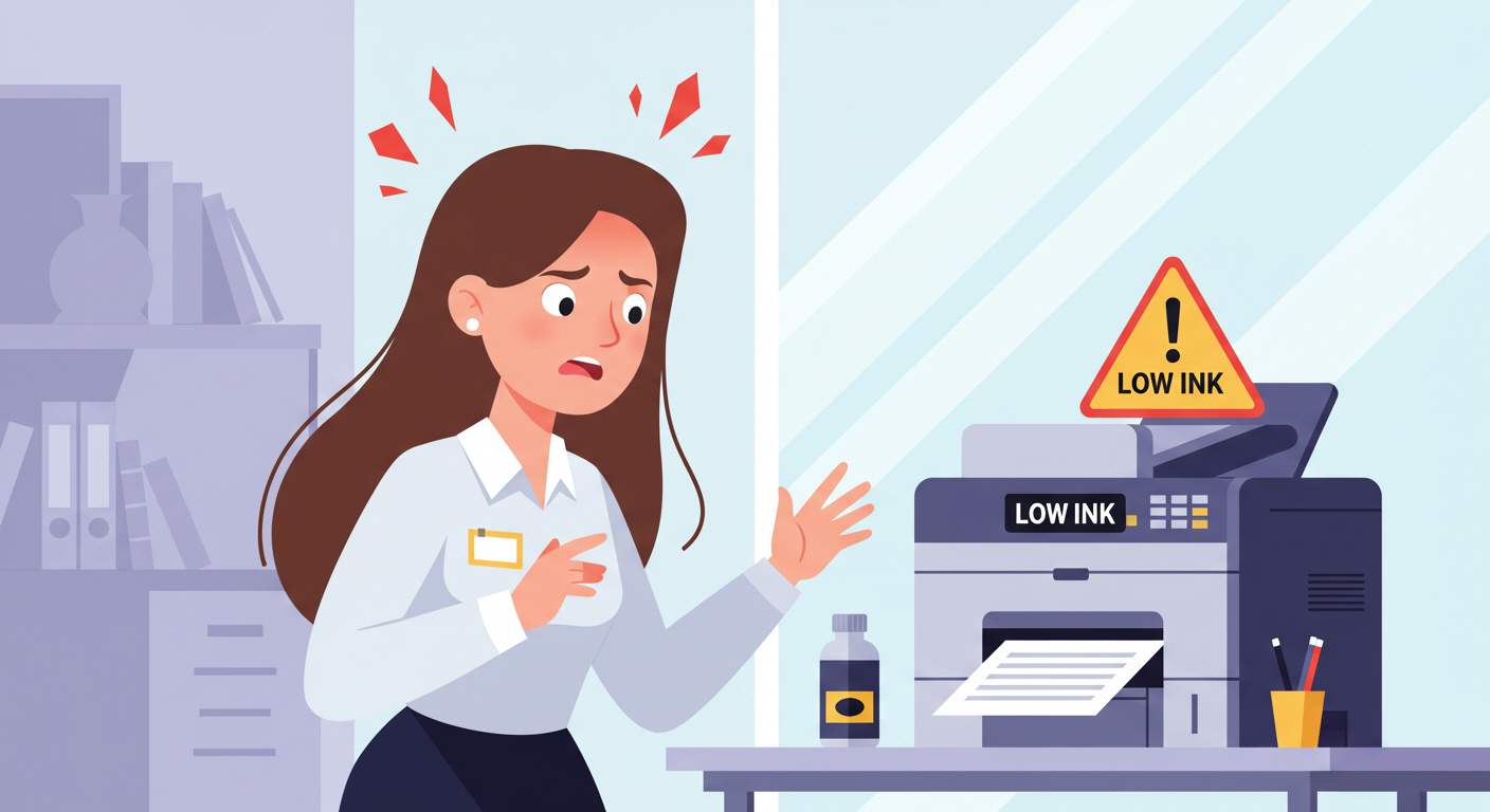 프린터 앞에서 당황하는 직장인의 모습