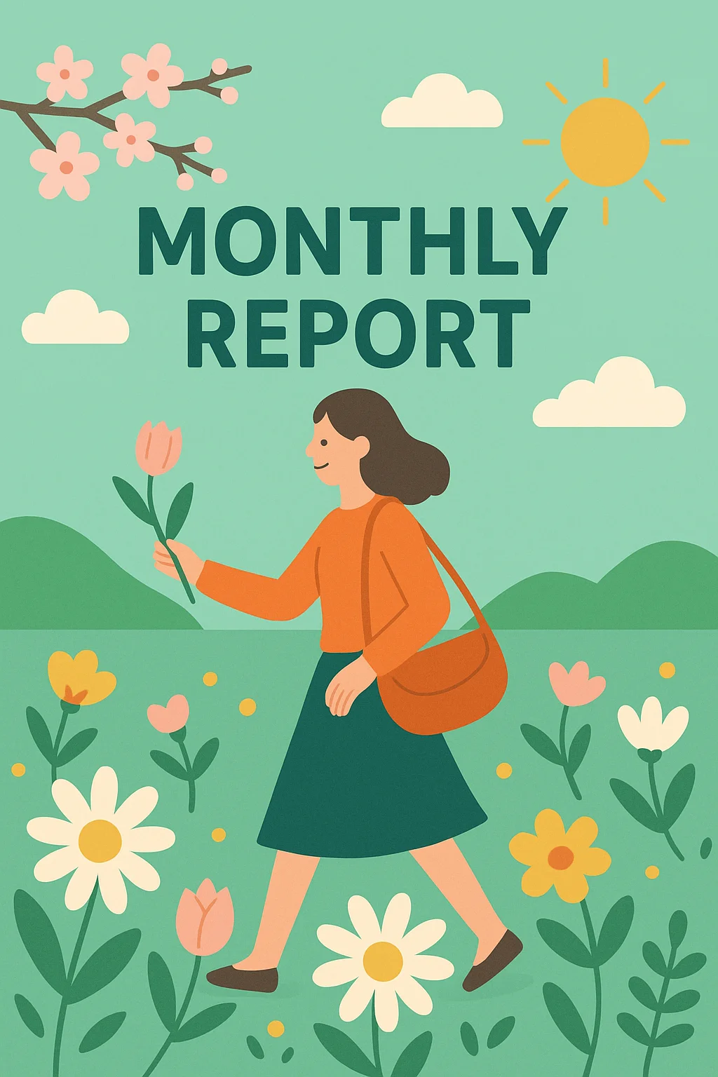 월간 리포트용 산뜻한 민트톤 배경, 플랫디자인 일러스트, 계절감 강조